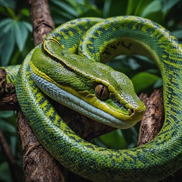 A green tree python coiled elegantly around a tropical branch.
