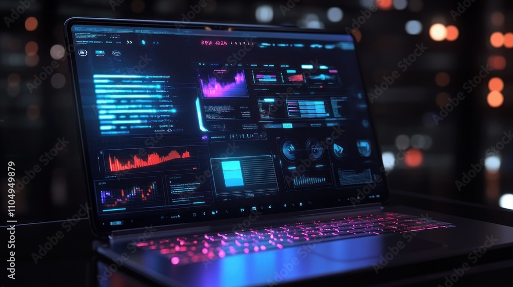 Poster Laptop Screen Displays Futuristic Data Analytics Graphs