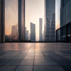 Fototapeta premium City center plaza with modern skyscrapers, dawn light, leading lines composition
