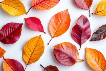 Fototapeta premium Minimalist vibrant autumn leaves arrangement in flat lay style