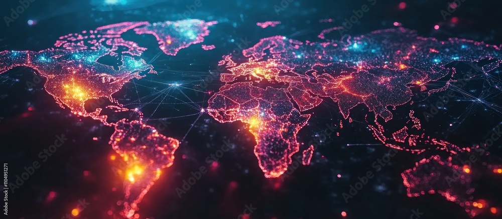 Poster a glowing digital world map with connected lines and bright dots on dark background.