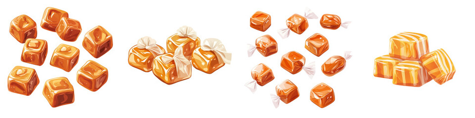 Flat style illustration of caramel candies, isolated on a white background. collection set png.