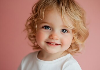 Naklejka premium A young girl with blonde hair and blue eyes smiles warmly, standing against a soft pink background. Her joyful expression and the pastel setting create a cheerful and inviting portrait.