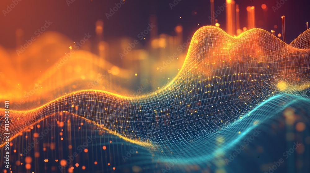Poster abstract digital wave with glowing particles and lines.