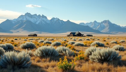 Obraz premium A desert landscape with a house in the foreground and snow-capped mountains in the background