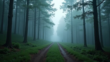 Naklejka premium Dark forest path on a foggy day