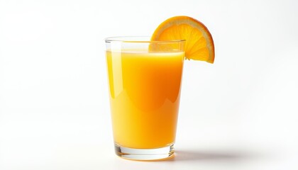 A glass of orange juice with a slice of orange on the rim