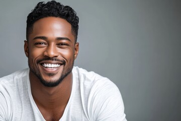 Obraz premium A black African man in white casual attire, smiling against a gray background, projects warmth and approachability with a charming demeanor.
