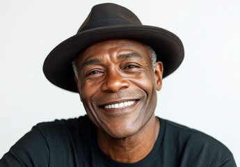 An elderly black African man in his 60s or 70s exudes health and confidence, his joyful spirit captured in a bright smile that reflects his vibrant energy.