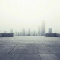 City skyline with autumn fog, misty urban morning, fog-shrouded cityscape