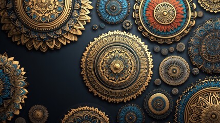 Intricate Gold And Blue Mandala Designs On Dark Background