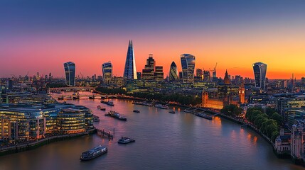 Fototapeta premium A panoramic view of the London skyline at sunset, with the Shard in the center.