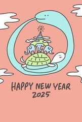 古代インドの宇宙観の年賀状　大きな蛇と亀と象　2025