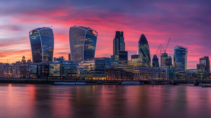 Fototapeta premium A view of the London skyline at dusk, showcasing the River Thames and modern buildings.