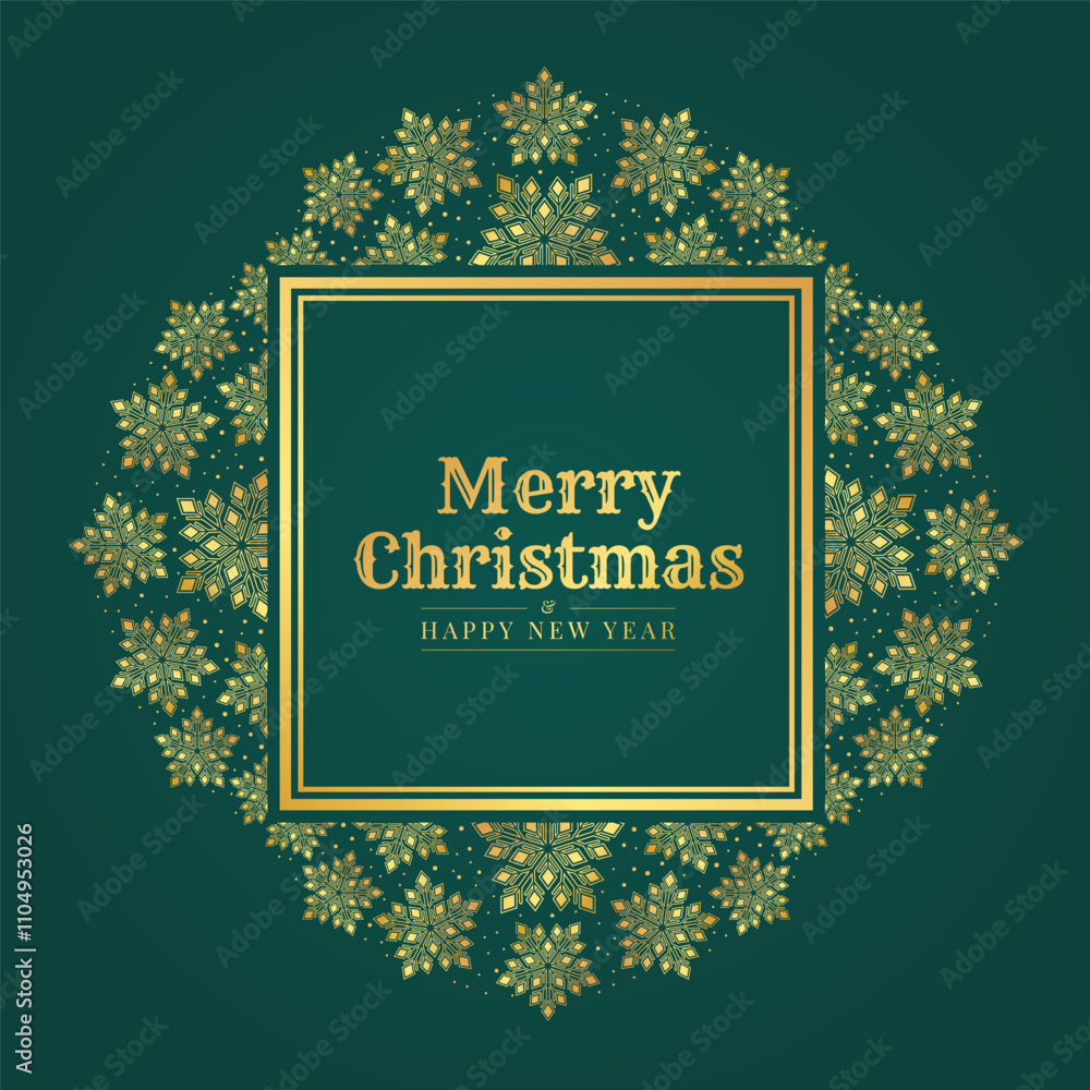 Poster merry christmas and happy new year - text in gold squares frame with snowflakes symbol around to cir