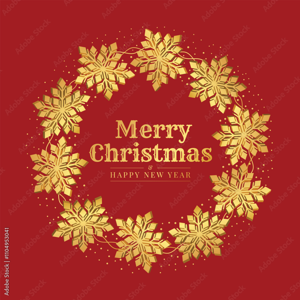 Poster merry christmas and happy new year - text in circle frame with gold 3d snowflakes symbol around on r