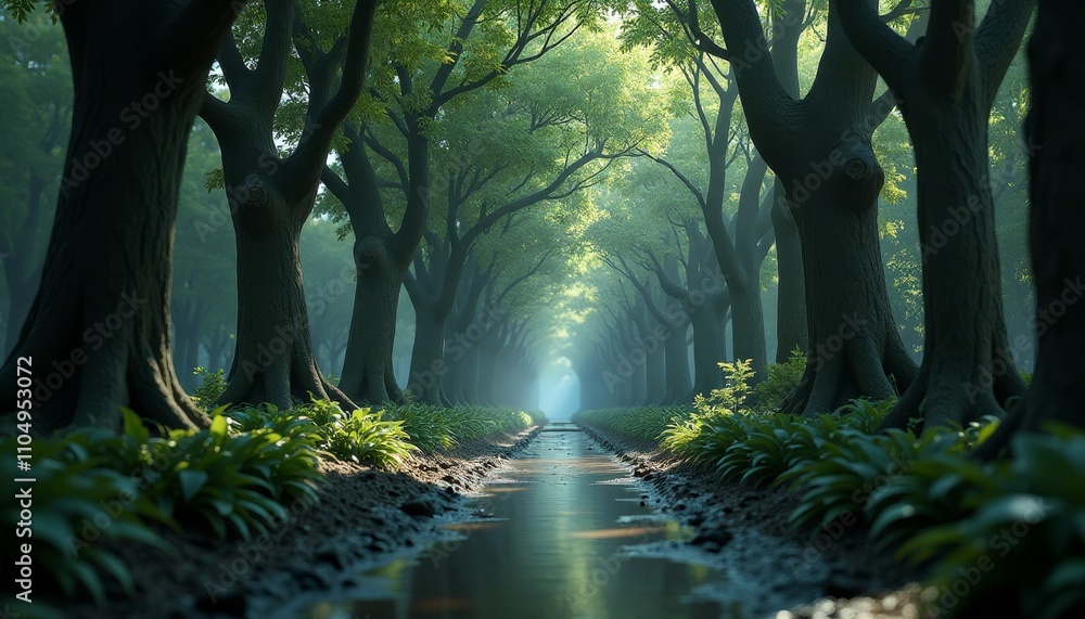 Poster a serene pathway through a dense forest with twisted trunks and vibrant greenery
