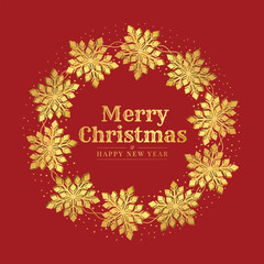 Merry christmas and happy new year - Text in circle frame with gold 3d snowflakes symbol around on red background vector design