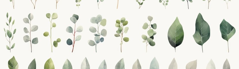 Obraz premium Watercolor Collection of Green Botanical Leaves and Branches