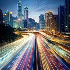 Fototapeta premium City skyline with bustling traffic trails, dynamic urban traffic, streaks of light