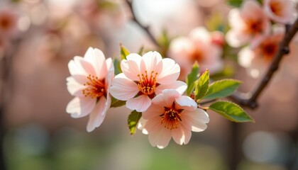 Obraz premium Blooming pink cherry blossoms with green leaves
