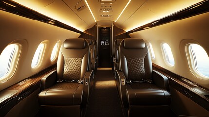Fototapeta premium A luxurious private jet interior with brown leather seats.