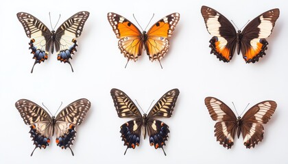 Fototapeta premium Six Colorful Butterflies Arranged Symmetrically on White