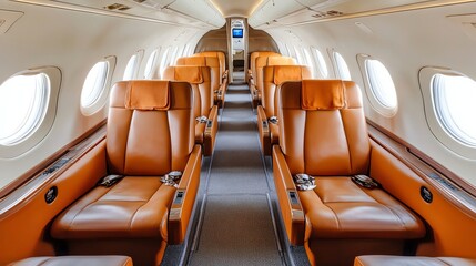 Fototapeta premium The interior of a private jet with leather seats and wood accents.