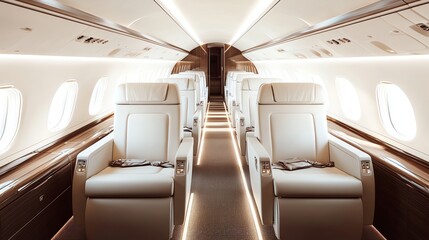 The interior of a private jet with plush white leather seats, wooden accents, and bright overhead lighting.