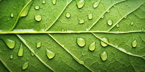 Fototapeta premium Beads of water glistening Bright leaf A detailed macr
