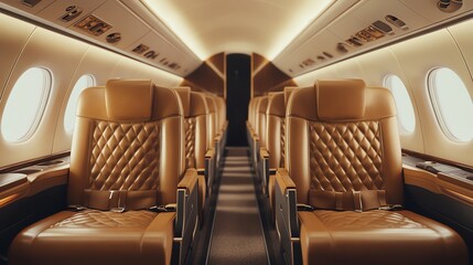 The interior of a private jet with brown leather seats and wood paneling.