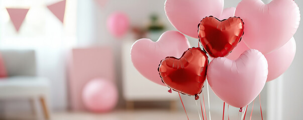 A cheerful display of pink and red heart-shaped balloons in a cozy and festive indoor setup.