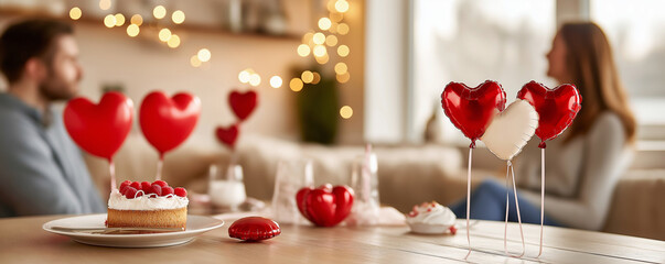 A cozy setting featuring heart-shaped balloons, a delicious dessert, and a couple sharing a special moment.