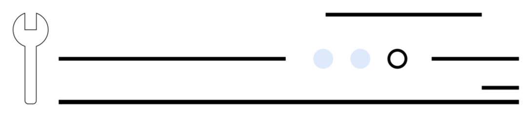 Wrench icon followed by various horizontal lines of differing lengths and thicknesses, two small blue dots, and a black circle. Ideal for engineering, adjustment processes, mechanics, workflow
