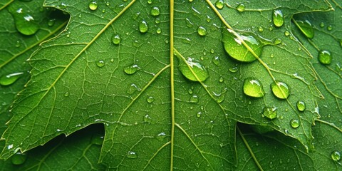 Fototapeta premium Beads of water glistening Sharp-edged leaf A detailed