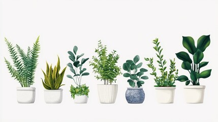 Fototapeta premium Seven potted plants arranged in a neat row