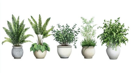 Obraz premium Five potted plants display a variety of greenery