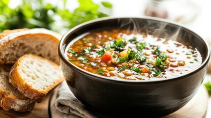 Steaming Lentil Soup Served with Crusty Bread