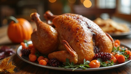 Beautifully roasted turkey is presented on rustic wooden table, adorned with vibrant autumn vegetables and decorative pumpkins, creating warm atmosphere for festive gathering Thanksgiving day concept