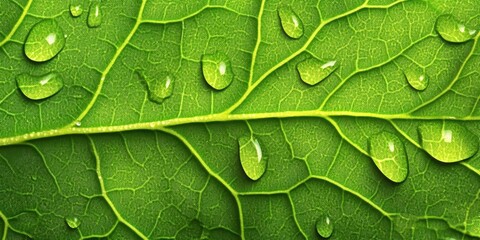 Fototapeta premium Clear drops on green leaf Bright leaf A detailed macr