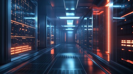Illuminated Server Room Corridor Modern Data Center Technology