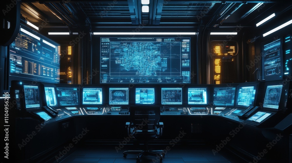 Poster futuristic control room with multiple data screens