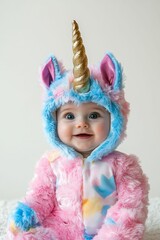 Smiling baby in pastel unicorn costume.