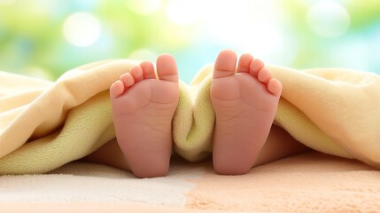 Newborn baby's tiny feet resting gently on a soft blanket. Maternal and infant products,hospital, newborn photography,miracle of life, family happiness