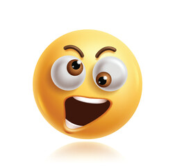 Crazy emoji clipart 3d character. Emoji face in goofy, silly, naughty, joking, fun, happy and insane facial expression yellow round graphic element. Vector illustration crazy emoticon clip art. 
