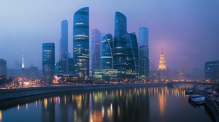Naklejka premium A stunning cityscape with tall skyscrapers reflected in a calm river at dusk.