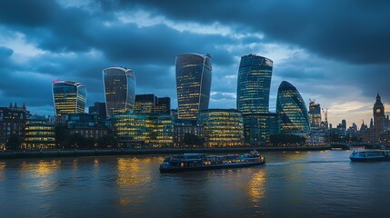 Fototapeta premium A panoramic view of the London skyline at dusk, with the Shard in the center.