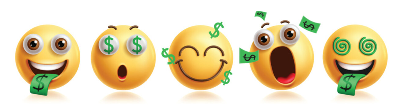 Naklejki Money mouth emojis clipart character set. Emoji 3d character in greedy, rich, wealthy, happiness, dollar sign and fun facial expression graphic elements collection. Vector illustration money mouth 