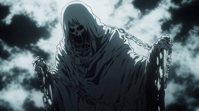 A ghostly apparition with a tattered cloak and chains, anime style