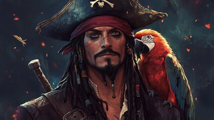 Fototapeta premium A pirate captain with a tricorn hat and a parrot on the shoulder, anime style